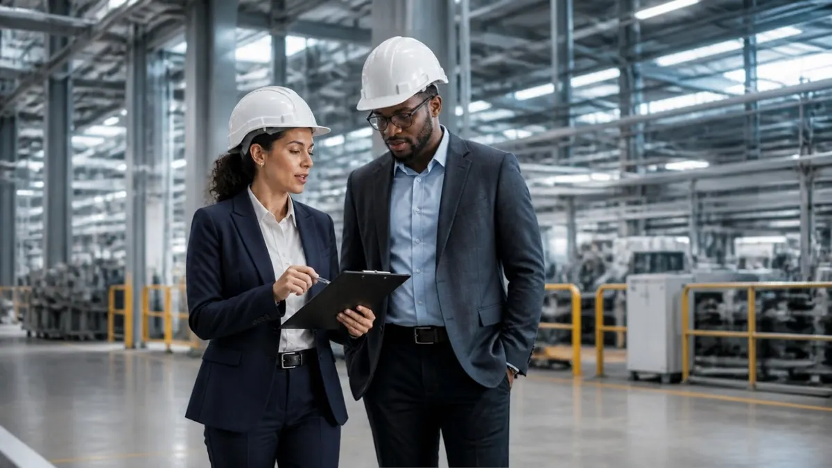 Equipe analisando edital de licitação industrial