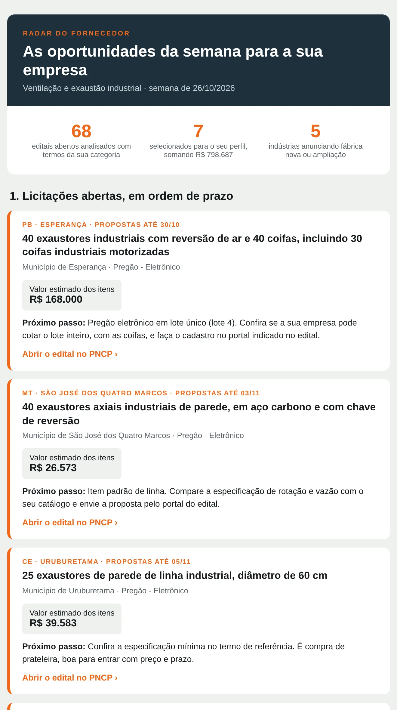 Exemplo do Radar do Fornecedor com licitações abertas de ventilação e exaustão